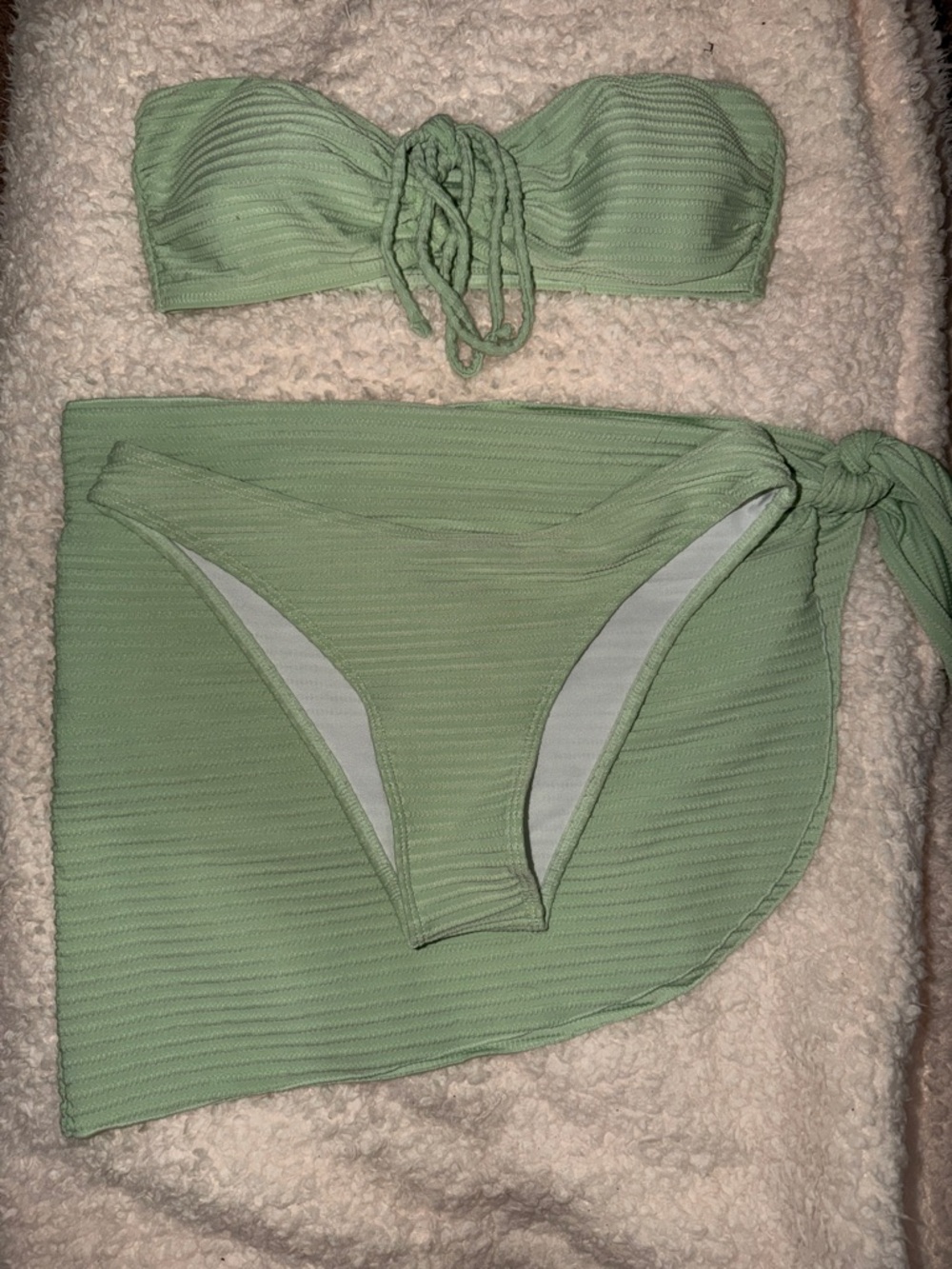 SHEIN Sage Green Ribbed Bandeau Bikini Set with Tie Skirt